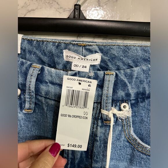 Good '90s Icon Distressed High Waist Crop Straight Leg Jeans Size 24 - Picture 6 of 12